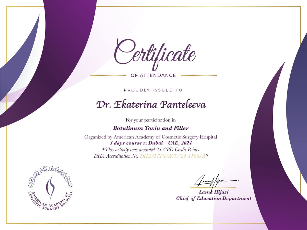 Botulinum Toxin and Filler certificate of attendance, American Academy of Cosmetic Surgery Hospital, 2024